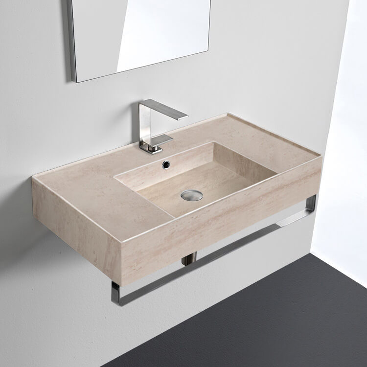 Scarabeo 5123-E-TB-One Hole Beige Travertine Design Ceramic Wall Mounted Sink With Counter Space, Towel Bar Included